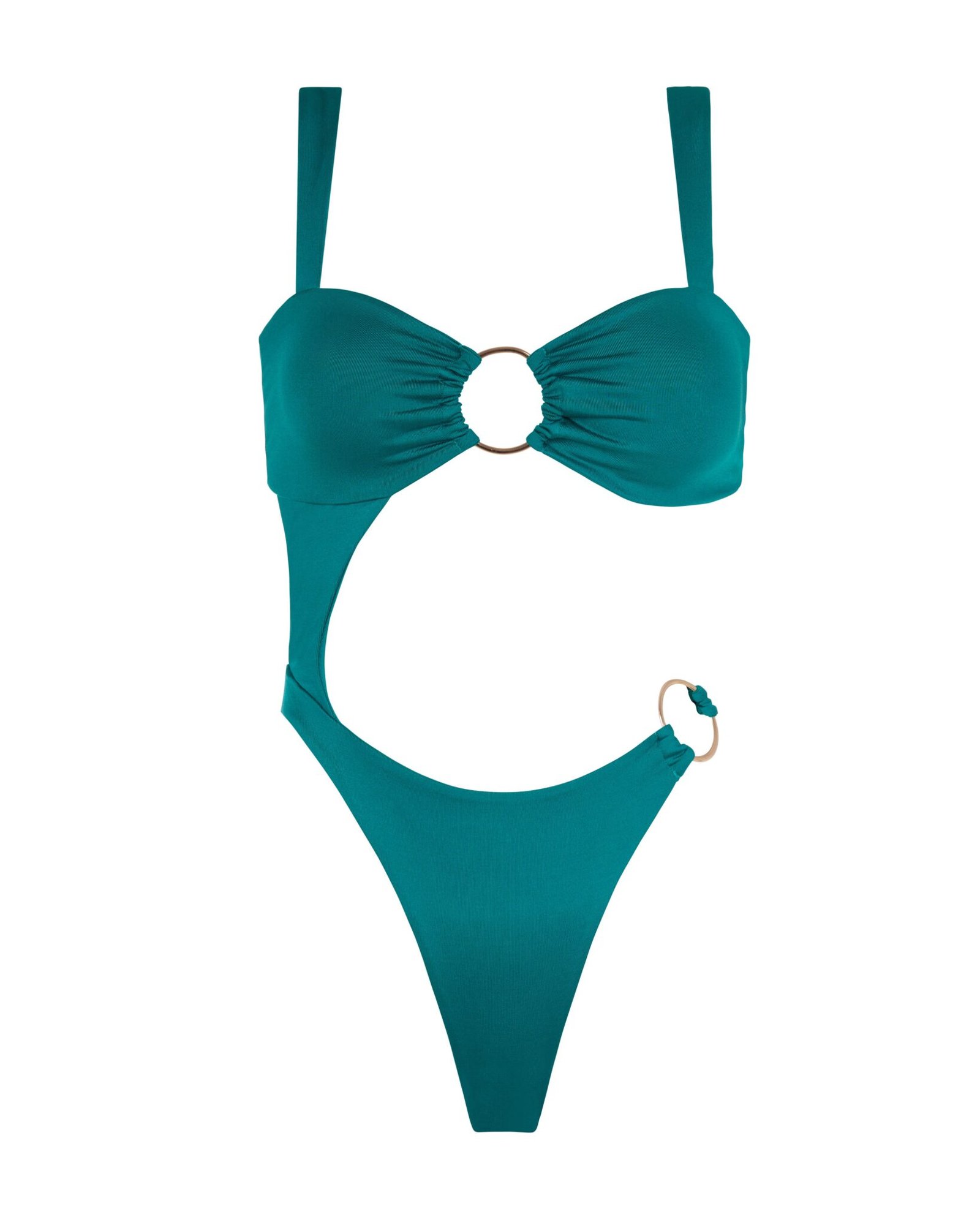 Vista frontal del bañador Sirena Blue sin modelo, con aro dorado