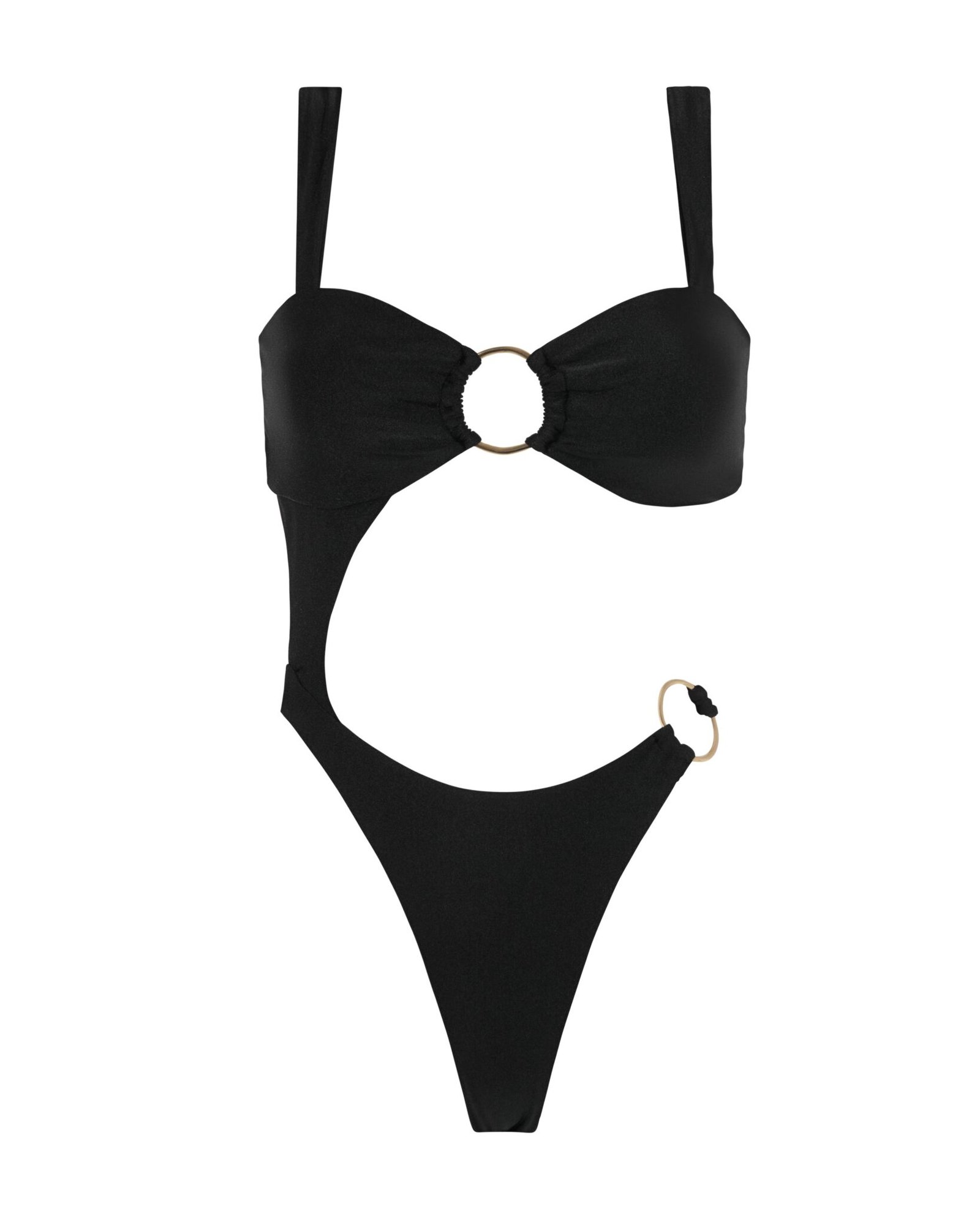 Vista frontal del bañador Sirena Black sin modelo, con escote bandeau y detalle metálico.