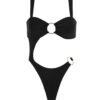 Vista frontal del bañador Sirena Black sin modelo, con escote bandeau y detalle metálico.