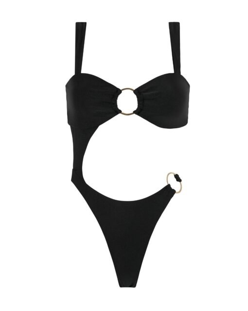 Vista frontal del bañador Sirena Black sin modelo, con escote bandeau y detalle metálico.