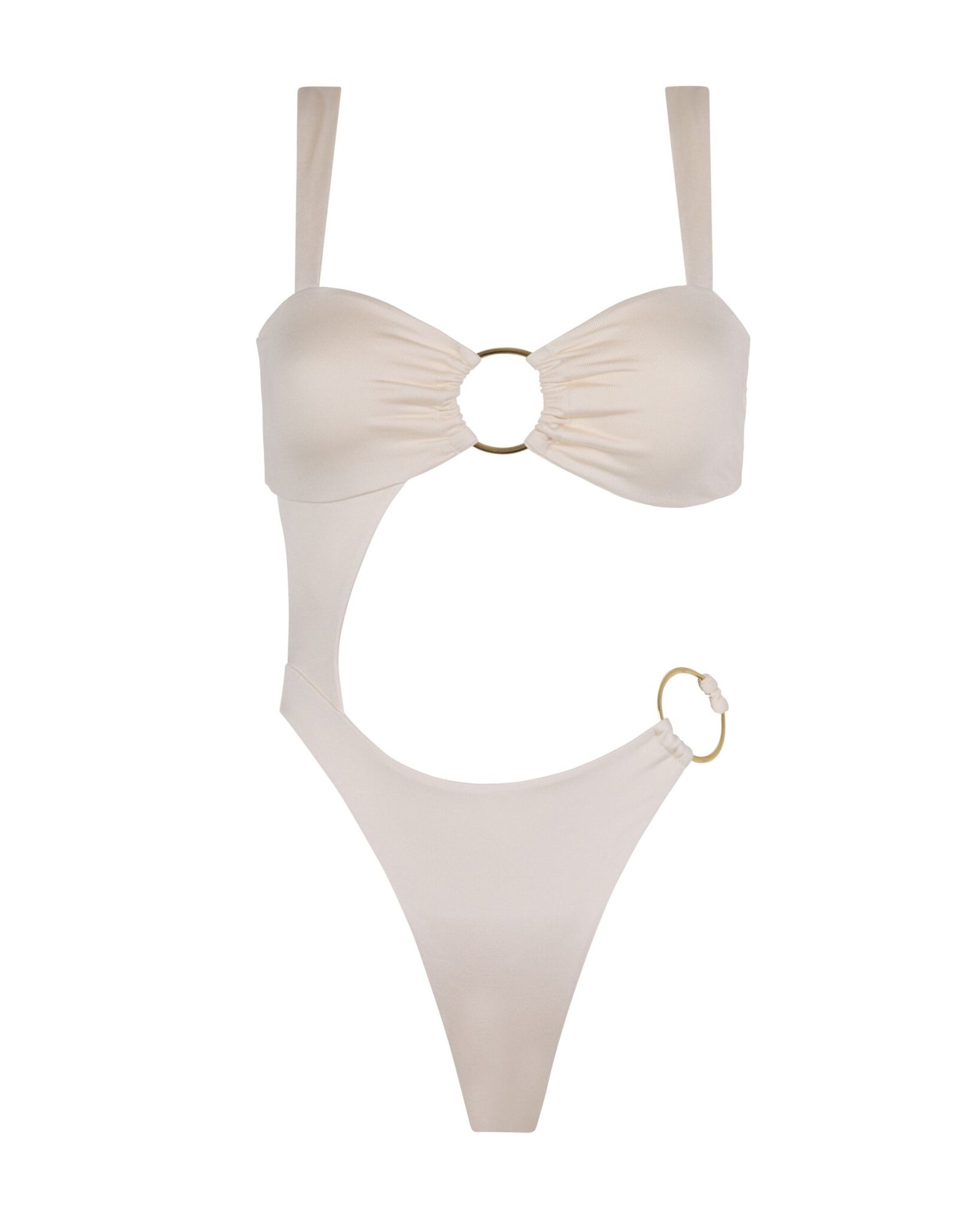 Vista frontal del bañador Sirena Off White sin modelo, con aro dorado