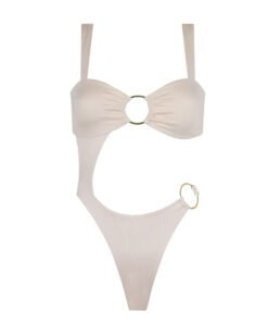 Vista frontal del bañador Sirena Off White sin modelo, con aro dorado