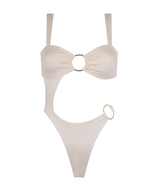 Vista frontal del bañador Sirena Off White sin modelo, con aro dorado