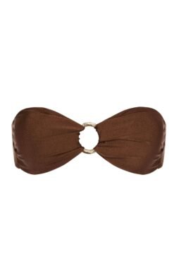 Strapless Riviera bikini top with gold ring – cappuccino color, on mannequin