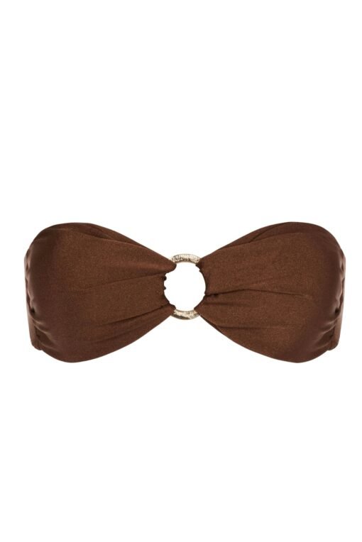 Strapless Riviera bikini top with gold ring – cappuccino color, on mannequin