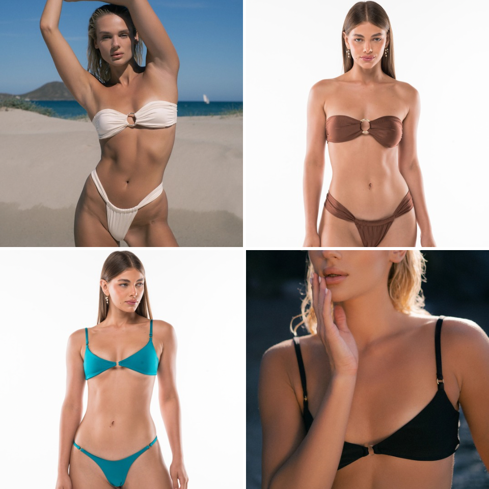 Grid com quatro biquínis Acuarela Brand: off-white, cappuccino, azul e preto.